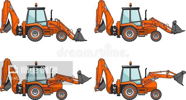 反铲装载机重型建筑机器矢量图Backhoe loaders. Heavy construction machines. Vector illustration.